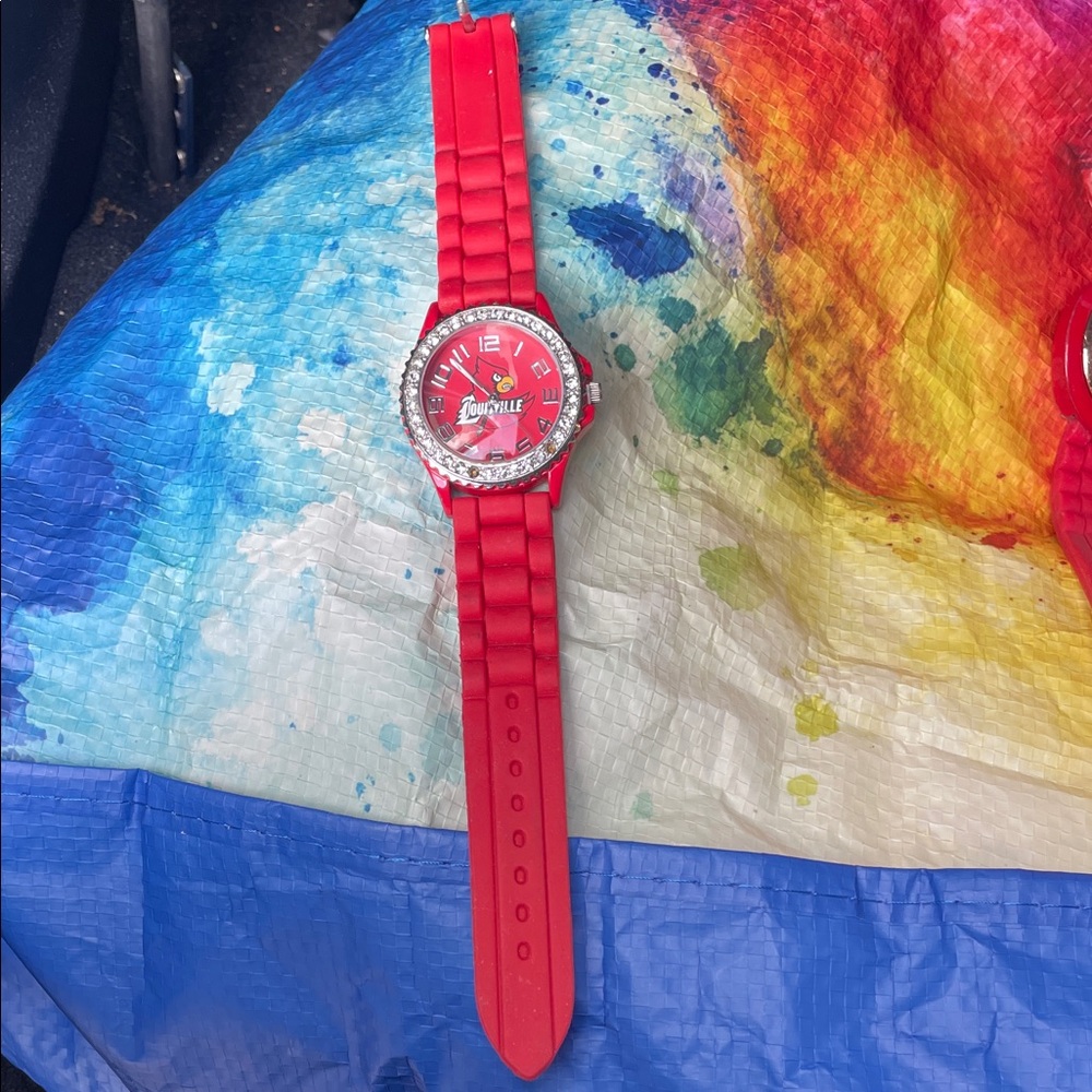 Louisville Cardinals Red Silicone Silicone Strap Watch with Rhinestone Bezel